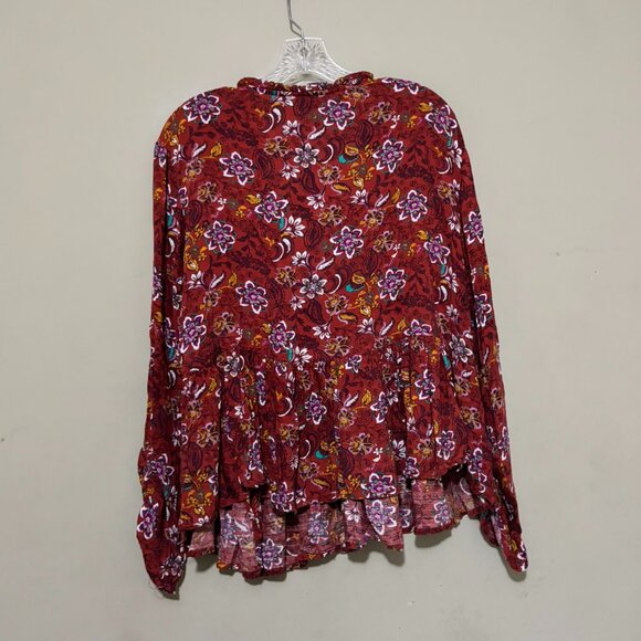 Time & Tru Boho Floral Peplum Top – Rust Red Long Sleeve V-Neck Size XL - Picture 2 of 5
